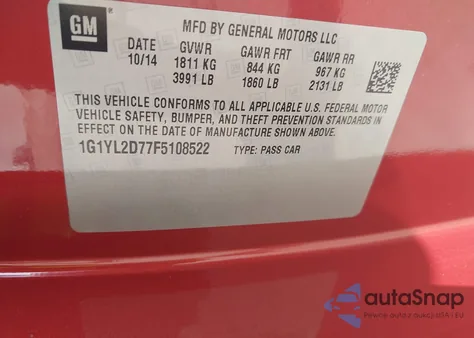 2015 Chevrolet Corvette Stingray Z51 z USA, uszkodzony, nr VIN 1G1YL2D77F5108522